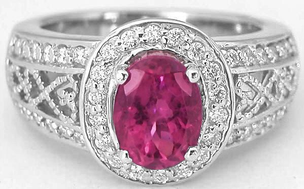 Rubellite Tourmaline Diamond Ring With Diamond Halo And Heart Filigree  Design (gr 9123) Within Rubellite And Diamond Halo Rings (View 9 of 25)