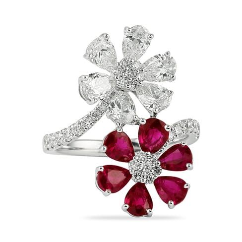 Ruby And Diamond 18k White Gold Flowers Ring | Lauren B Jewelry With Ruby And Diamond Flower Cocktail Rings (View 4 of 25)