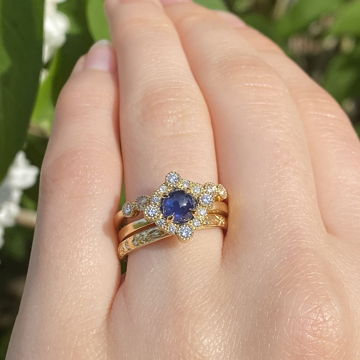 Sapphire And Diamond Halo Ring In 18ct Gold – Lilia Nash For Sapphire Cabochon And Diamond Rings (View 18 of 25)