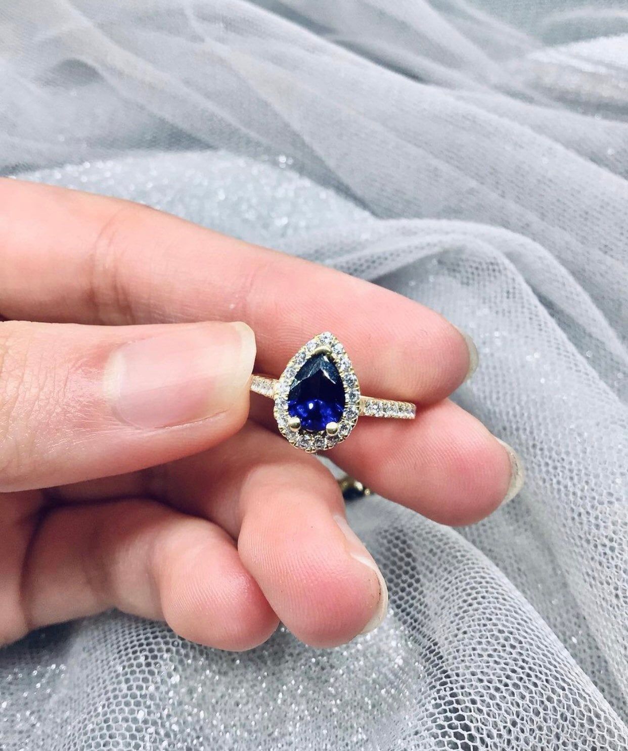 Sapphire Pear Ring – Etsy Intended For Pear Shape Sapphire Halo Rings (View 10 of 25)