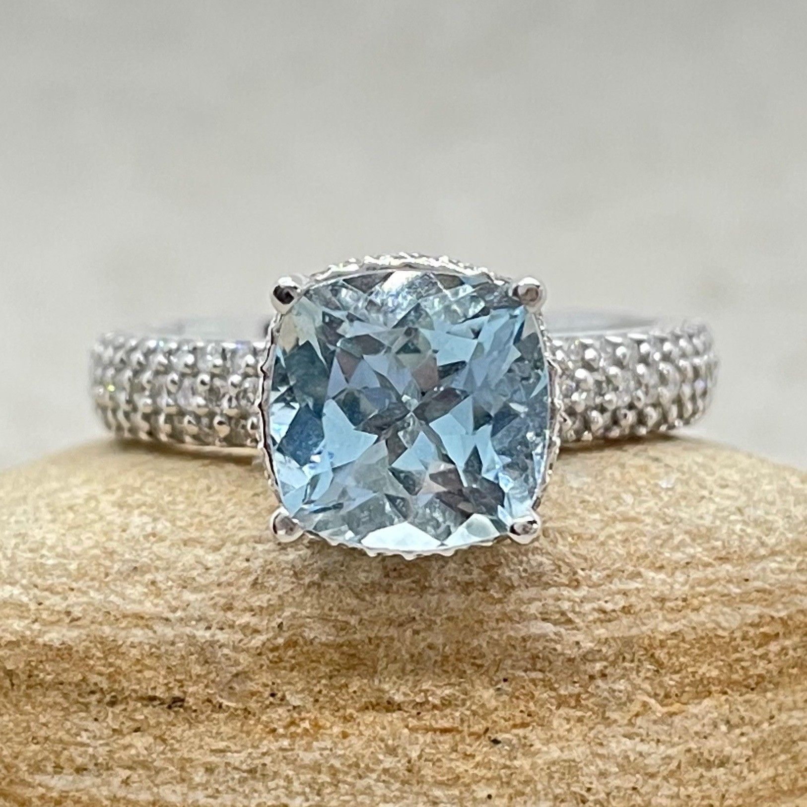 Square Cushion Aquamarine Engagement Ring With White Diamonds Ls6445 •  Laurie Sarah Pertaining To Aquamarine And Diamond Cushion Halo Rings (View 17 of 25)