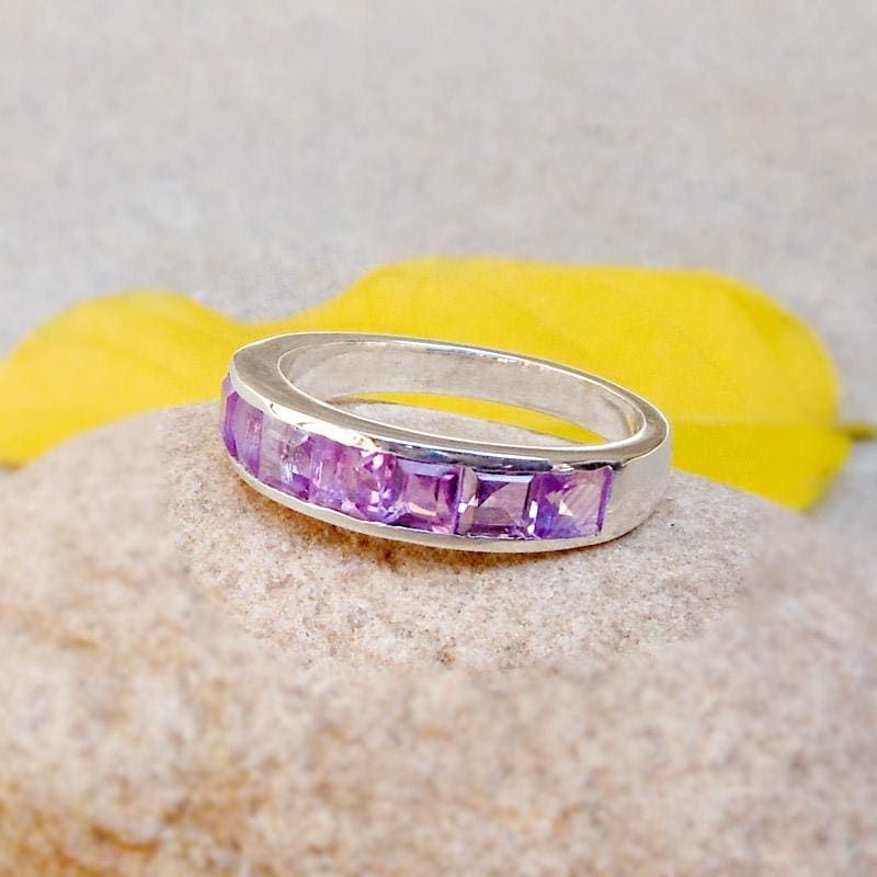 Sterling Silver Amethyst Eternity Ring Wedding Band Ring February  Birthstone Ring, Handmadefinesilverstudio Jewelry | Discovered Throughout Amethyst Semi Eternity Rings (View 15 of 25)