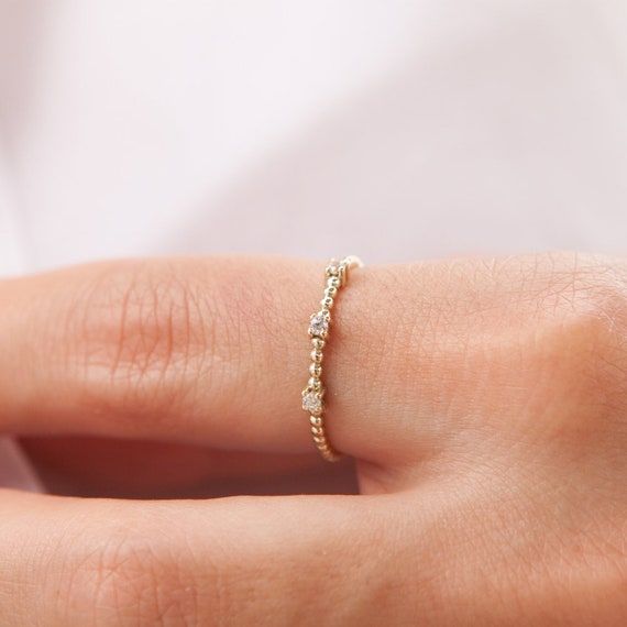 Thin Diamond Ring Thin Ring Gold Beaded Ring Gold Stacking – Etsy France In Thin Gold Beaded Rings (View 1 of 25)