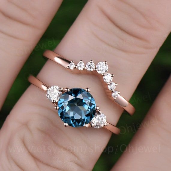 Three Stone London Blue Topaz Engagement Ring Set Rose Gold – Etsy With Blue Topaz Rings With Braided Gold Band (View 18 of 25)
