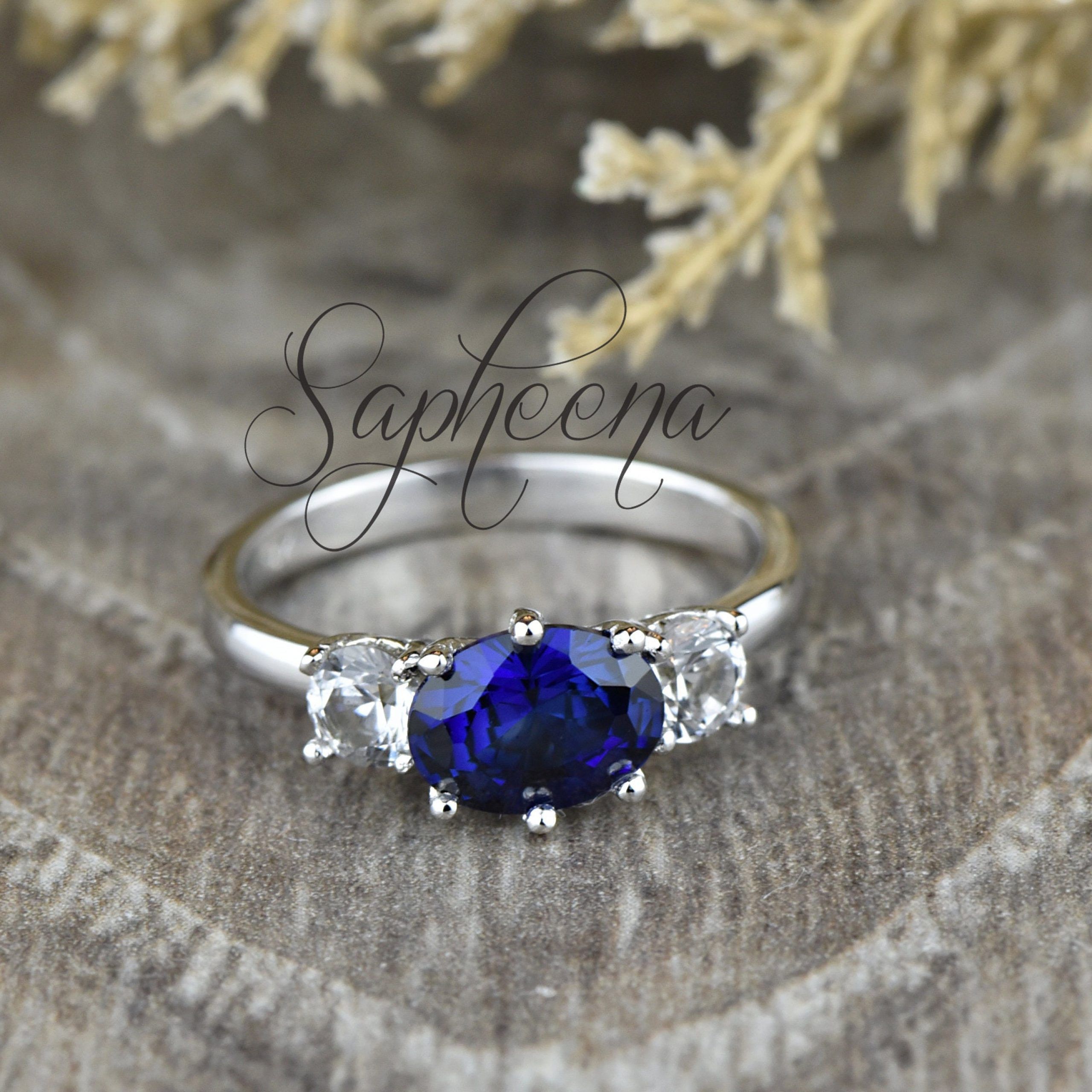 Three Stone Oval Cut Blue Sapphire Engagement Ring East To – Etsy Singapore With Regard To East West Oval Sapphire Rings (View 17 of 25)