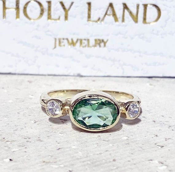 Triple Gemstones Ring Green Sapphire Ring Stacking Ring – Etsy With Regard To Stackable Green Sapphire Rings (View 1 of 25)