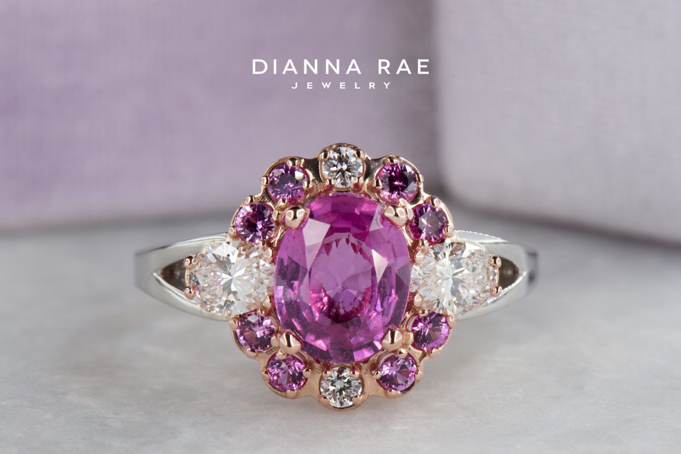 Two Tone Oval Pink Sapphire Halo Cocktail Ring With Diamond And Pink  Sapphire Accents — Dianna Rae Jewelry Within Pink Sapphire And Rose Gold Cocktail Rings (View 15 of 25)