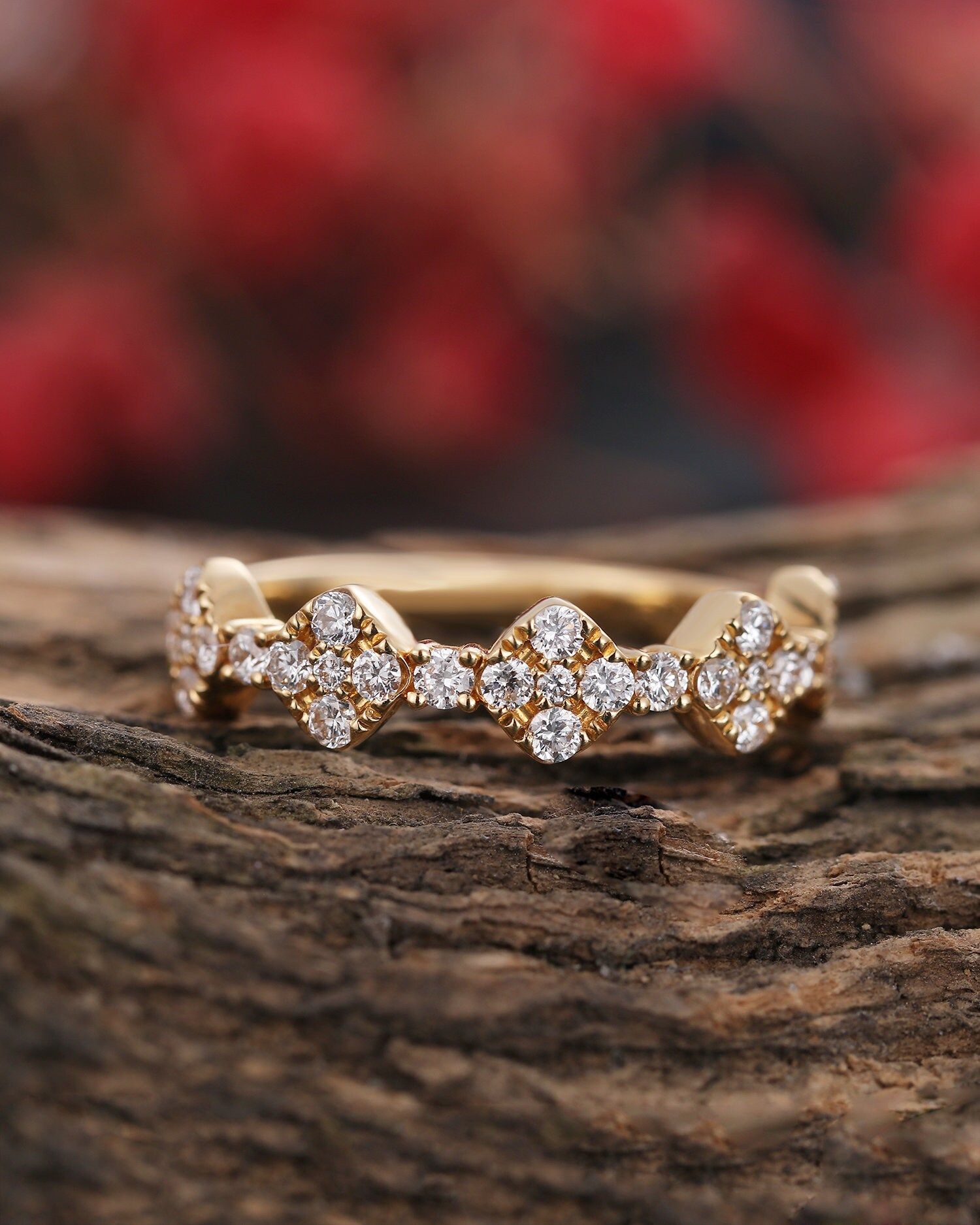 Unique Diamond Cluster Wedding Band Yellow Gold Art Deco – Etsy Regarding Diamond Clusters Semi Eternity Rings (View 13 of 25)