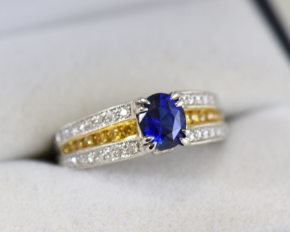 Untreated Blue Sapphire Ring Set With White & Yellow Diamonds | Within Yellow Sapphire And Diamond Rings (Photo 25 of 25)