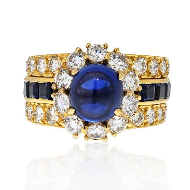 Van Cleef & Arpels 18k Yellow Gold Cabochon Blue Sapphire And Diamond Ring  | Blue Sapphire, Diamond, Sapphire Pertaining To Sapphire Cabochon And Diamond Rings (View 20 of 25)