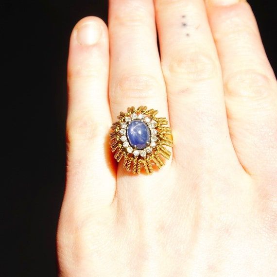 Vintage 14k Star Sapphire Diamond Halo Dome Ring Genuine Star – Etsy France Throughout Sapphire And Diamond Dome Halo Rings (View 1 of 25)