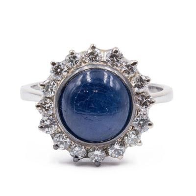 Vintage 18k Gold Ring With Central Cabochon Sapphire And Diamonds – Rings For Sapphire Cabochon And Diamond Rings (View 24 of 25)