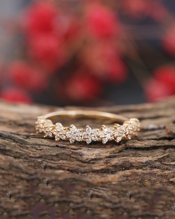 Vintage Diamond Cluster Wedding Band Delicate Yellow Gold – Etsy With Diamond Clusters Semi Eternity Rings (View 24 of 25)