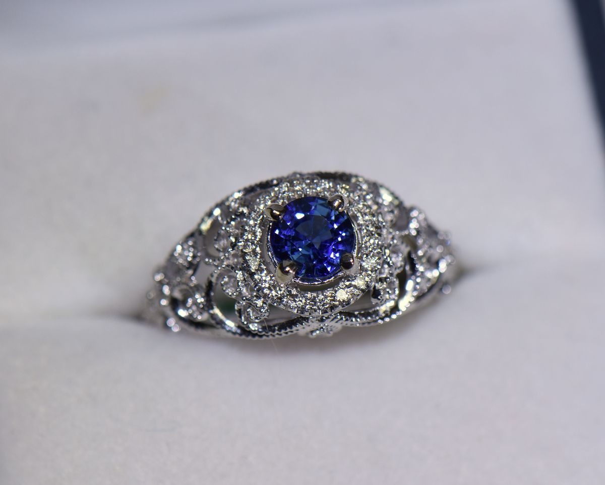 Vintage Inspired Filigree Ring With Round Blue Sapphire & Diamonds | Intended For Sapphire And Diamond Dome Halo Rings (View 14 of 25)