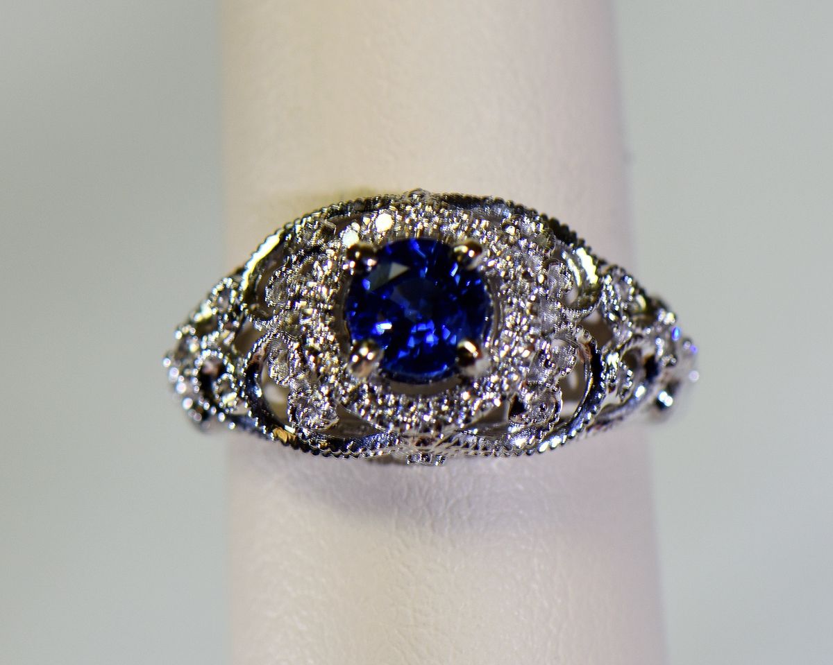 Vintage Inspired Filigree Ring With Round Blue Sapphire & Diamonds | Intended For Sapphire And Diamond Dome Halo Rings (View 2 of 25)