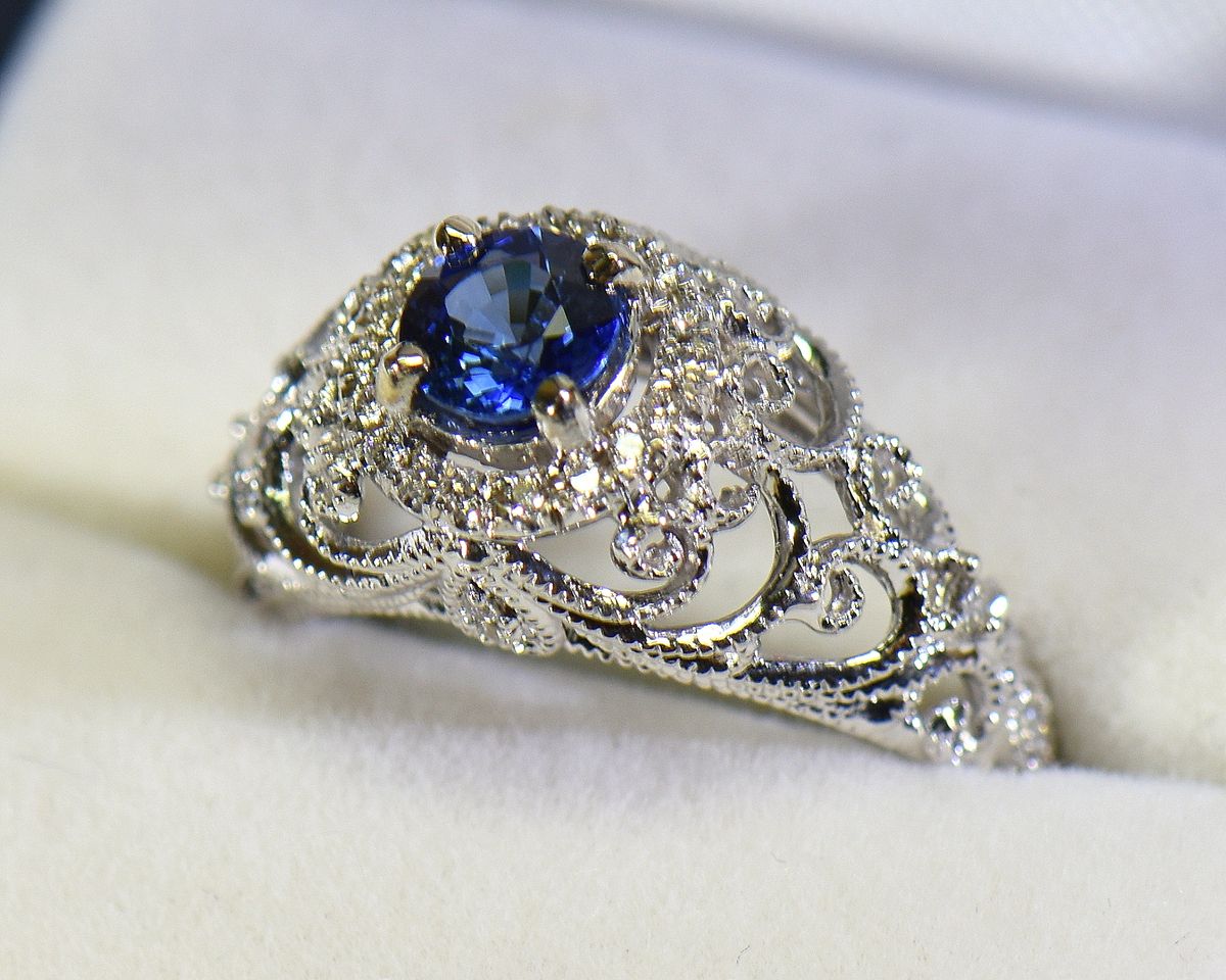Vintage Inspired Filigree Ring With Round Blue Sapphire & Diamonds | Pertaining To Sapphire And Diamond Dome Halo Rings (View 8 of 25)