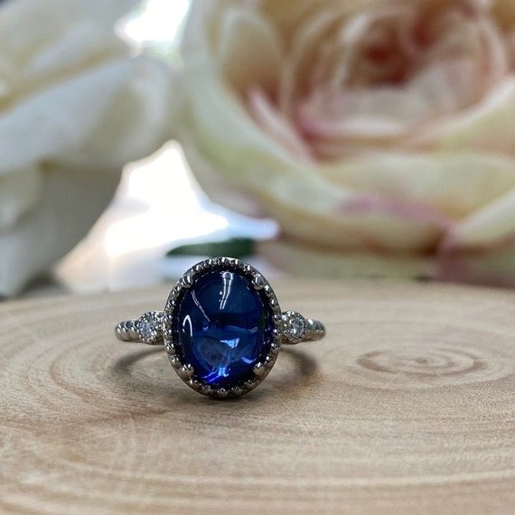 Vintage Oval Cabochon Blue Sapphire Engagement Ring 14k White – Etsy Ireland With Regard To Sapphire Cabochon And Diamond Rings (View 17 of 25)