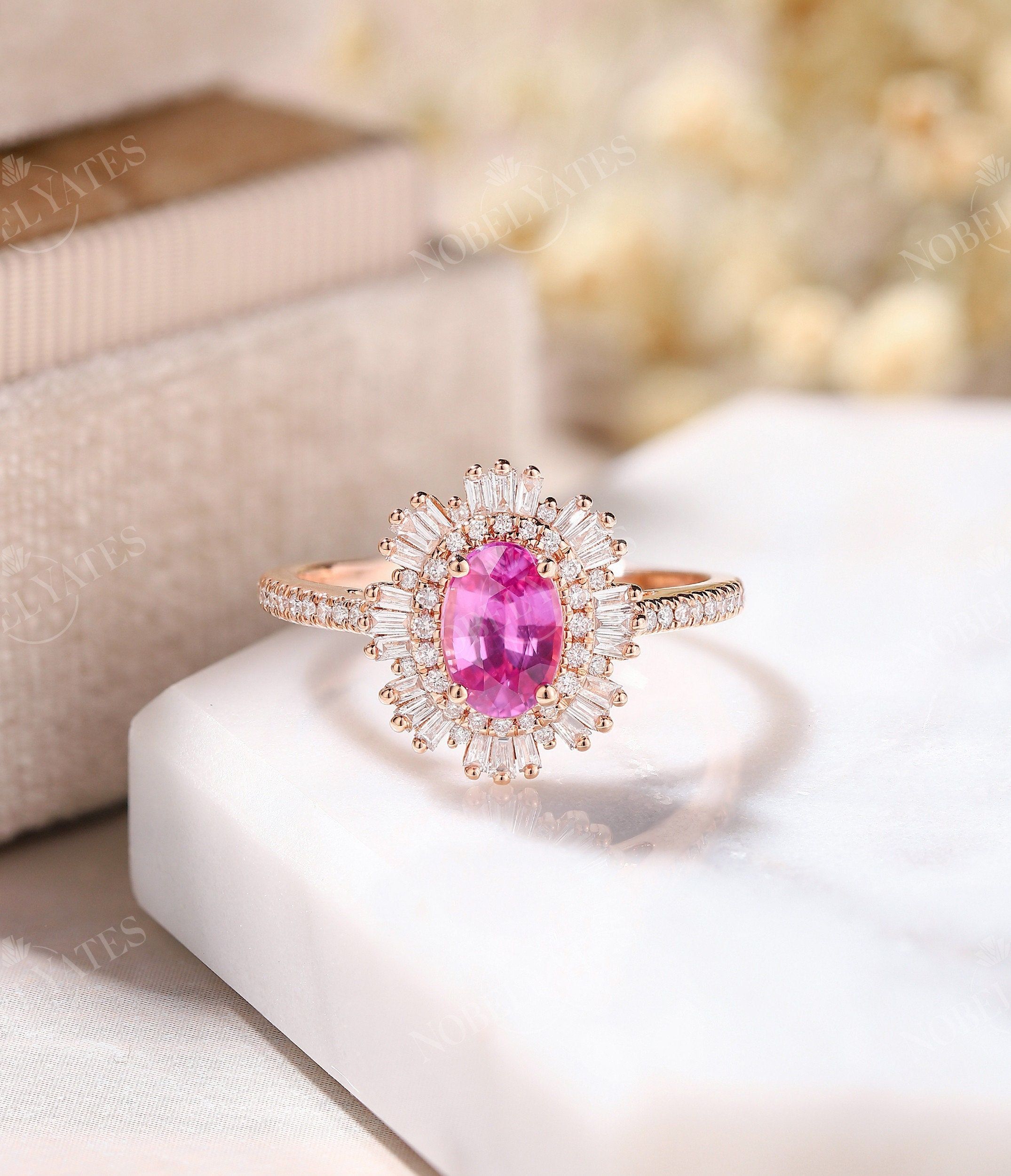 Vintage Pink Sapphire Oval Cut Ring Art Deco Rose Gold Halo – Etsy With Stackable Oval Cut Pink Sapphire Rings (View 6 of 25)