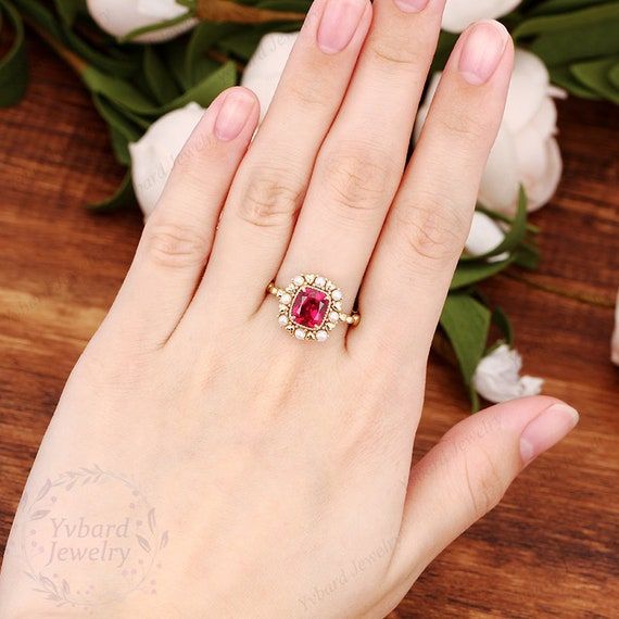 Vintage Ruby Engagement Ring Solid Yellow Gold Bridal Ring – Etsy Intended For Ruby Halo Rings (View 21 of 25)