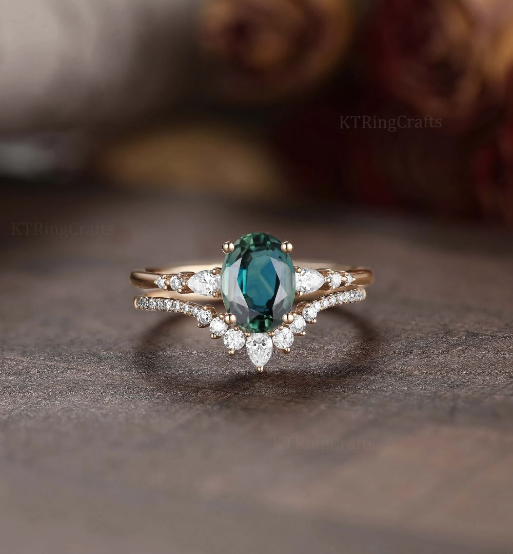 Vintage Teal Sapphire Engagement Ring Setblue Green Sapphire – Etsy In 2022  | Engagement Rings Sapphire, Sapphire Engagement Ring Blue, Sapphire  Engagement Ring Set Throughout Stackable Green Sapphire Rings (View 5 of 25)