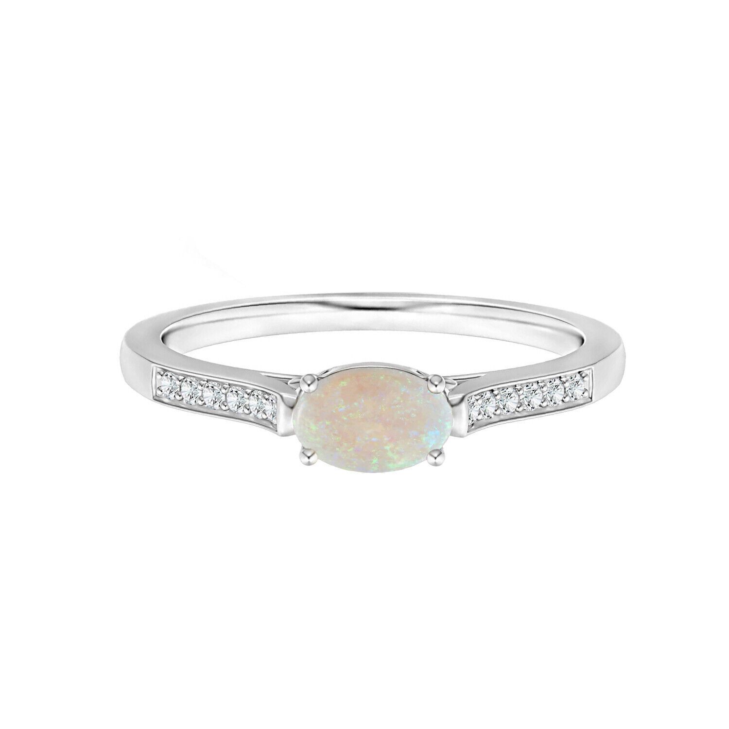 White Precious Natural Opal Oval Side Accents 10k White Gold East West Ring  | Ebay Pertaining To Oval Opal Rings With Diamond Side Accents (View 17 of 25)