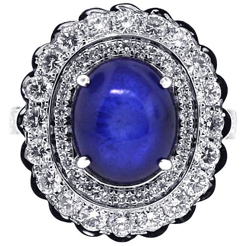 Womens Cabochon Blue Sapphire Diamond Ring 18k White Gold  (View 13 of 25)