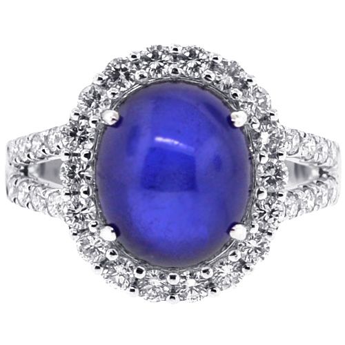 Womens Diamond Cabochon Sapphire Cocktail Ring 18k White Gold With Regard To Sapphire And Diamond Dome Halo Rings (View 16 of 25)