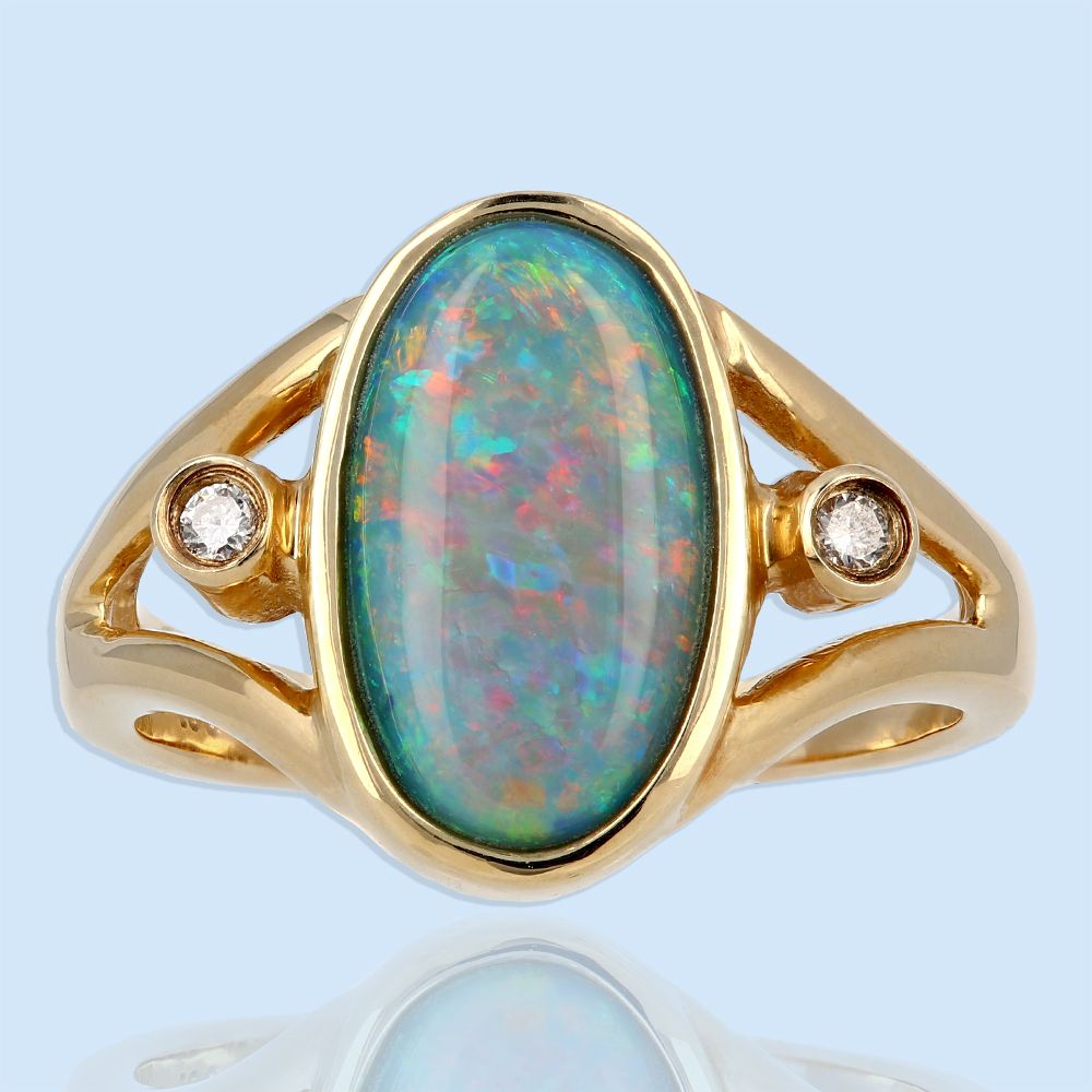 Yellow Gold Oval Opal Ring – Bopies Diamonds & Fine Jewelry Throughout Oval Opal Rings With Diamond Side Accents (View 22 of 25)