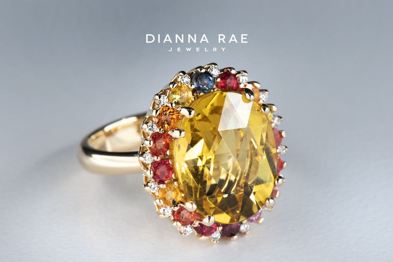 Yellow Gold Oval Yellow Beryl Cluster Halo Ring With Multi Color Sapphire  Accents — Dianna Rae Jewelry Throughout Yellow Sapphire Double Halo Cocktail Rings (View 19 of 25)