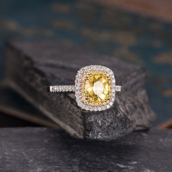 Yellow Sapphire Engagement Ring White Gold Cushion Cut – Etsy With Yellow Sapphire Double Halo Cocktail Rings (View 8 of 25)